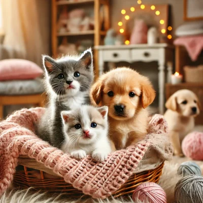 DALL·E-adorable baby kittens and puppies in a cozy environment. The kittens and puppies are playful and curious, surrounded by s